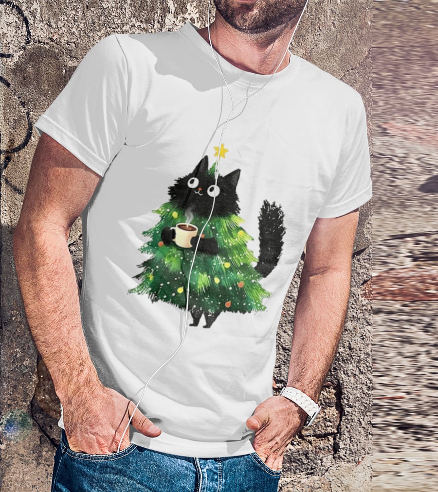 Black Cat Christmas Tree With Hot Coffee Cup T-Shirt