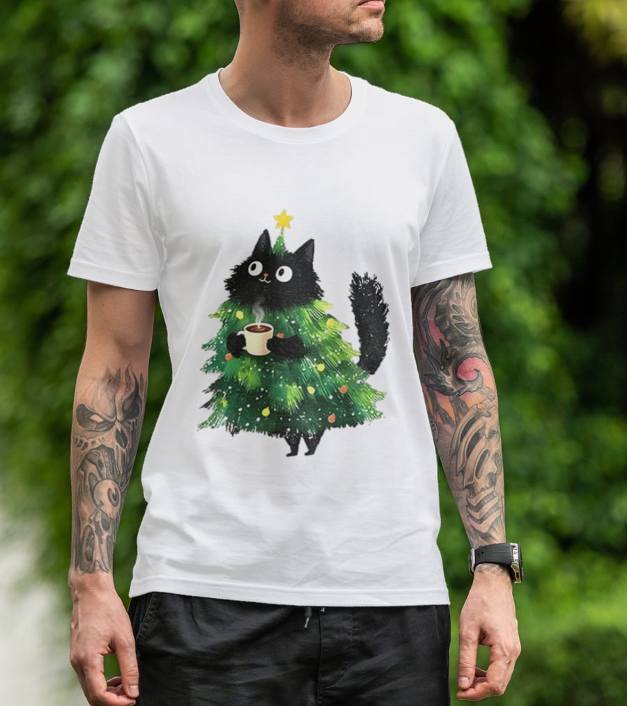 Black Cat Christmas Tree With Hot Coffee Cup T-Shirt