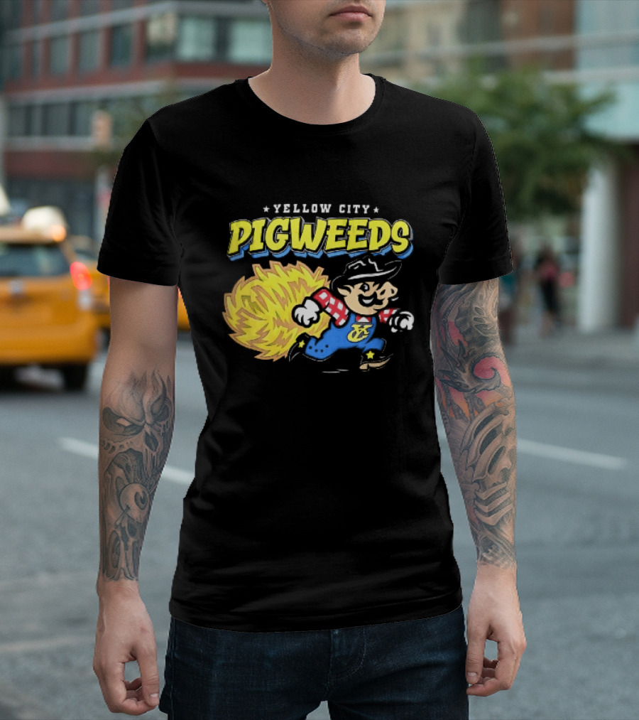 Yellow City Pigweeds Cartoon Cowboy Overalls Tumbleweed Running T-Shirt