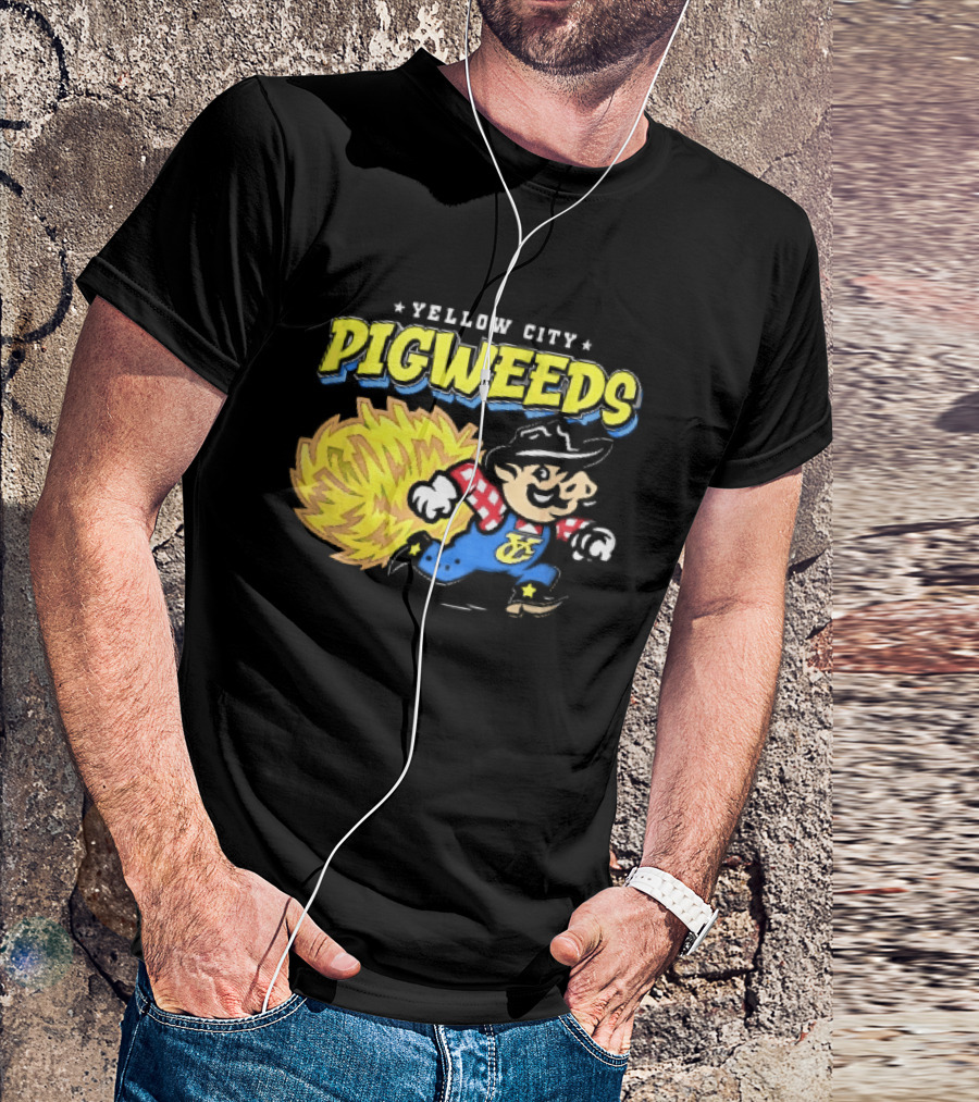 Yellow City Pigweeds Cartoon Cowboy Overalls Tumbleweed Running T-Shirt
