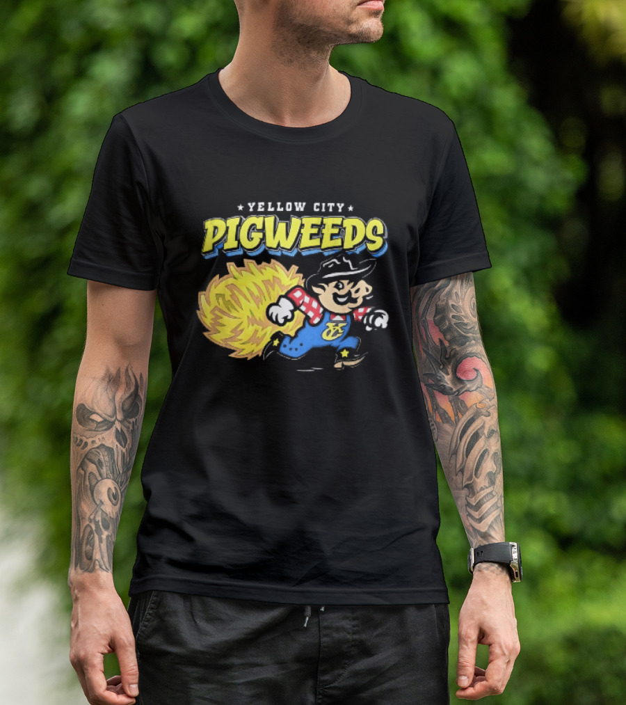 Yellow City Pigweeds Cartoon Cowboy Overalls Tumbleweed Running T-Shirt