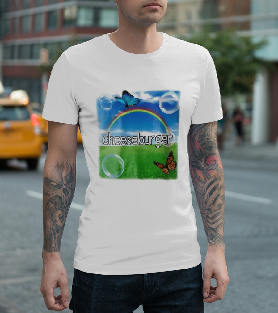 Cheeseburger Pixel Text Rainbow Butterflies Floating Bubbles T-Shirt