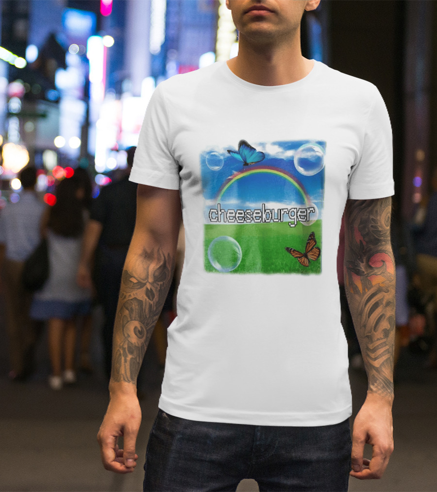 Cheeseburger Pixel Text Rainbow Butterflies Floating Bubbles T-Shirt