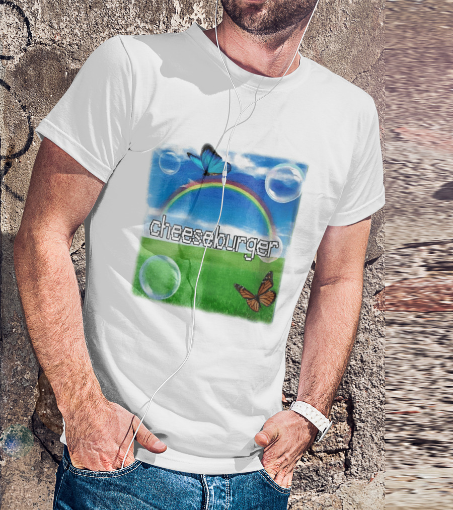 Cheeseburger Pixel Text Rainbow Butterflies Floating Bubbles T-Shirt
