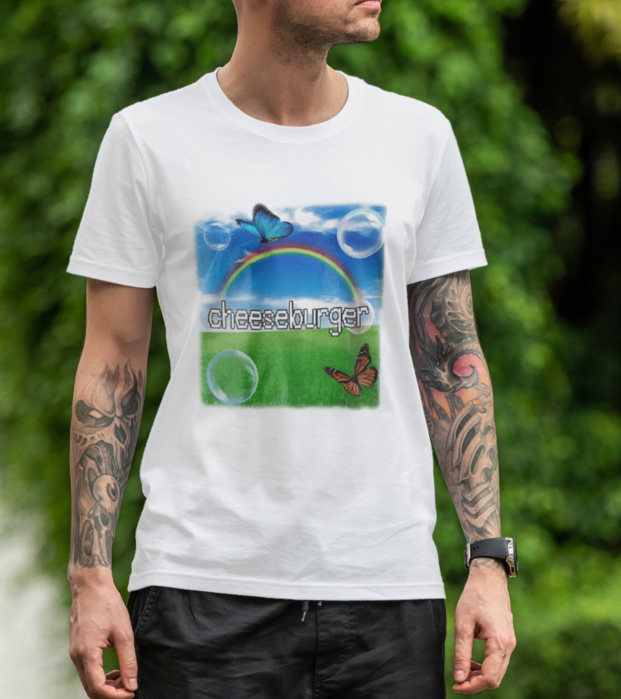 Cheeseburger Pixel Text Rainbow Butterflies Floating Bubbles T-Shirt