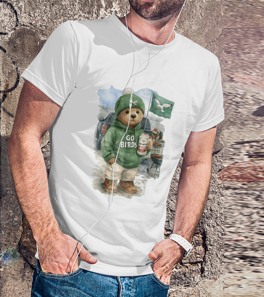 Philadelphia Eagles Go Birds Yuengling Lager Tailgate Teddy Bear Watercolor Truck Scene T-Shirt