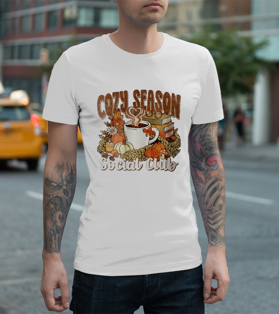 Cozy Season Social Club Coffee Books Pumpkins Knitted Blanket Autumn Vibes T-Shirt