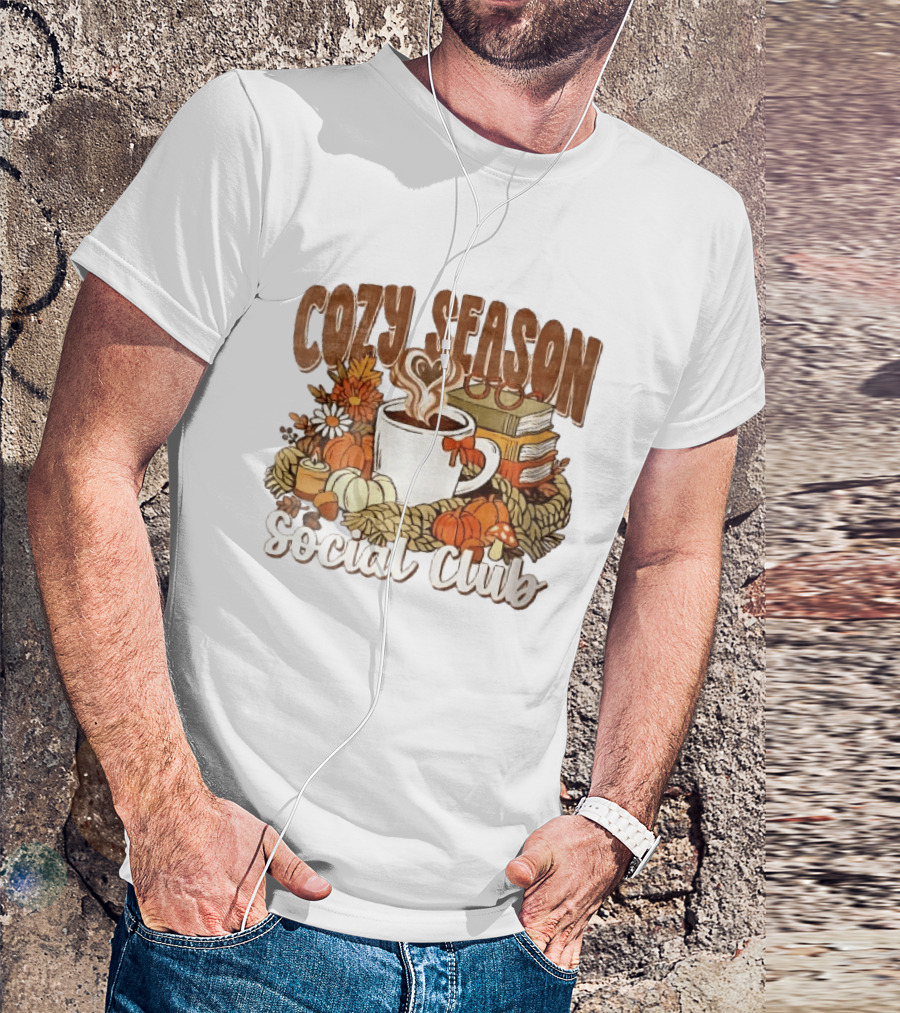 Cozy Season Social Club Coffee Books Pumpkins Knitted Blanket Autumn Vibes T-Shirt