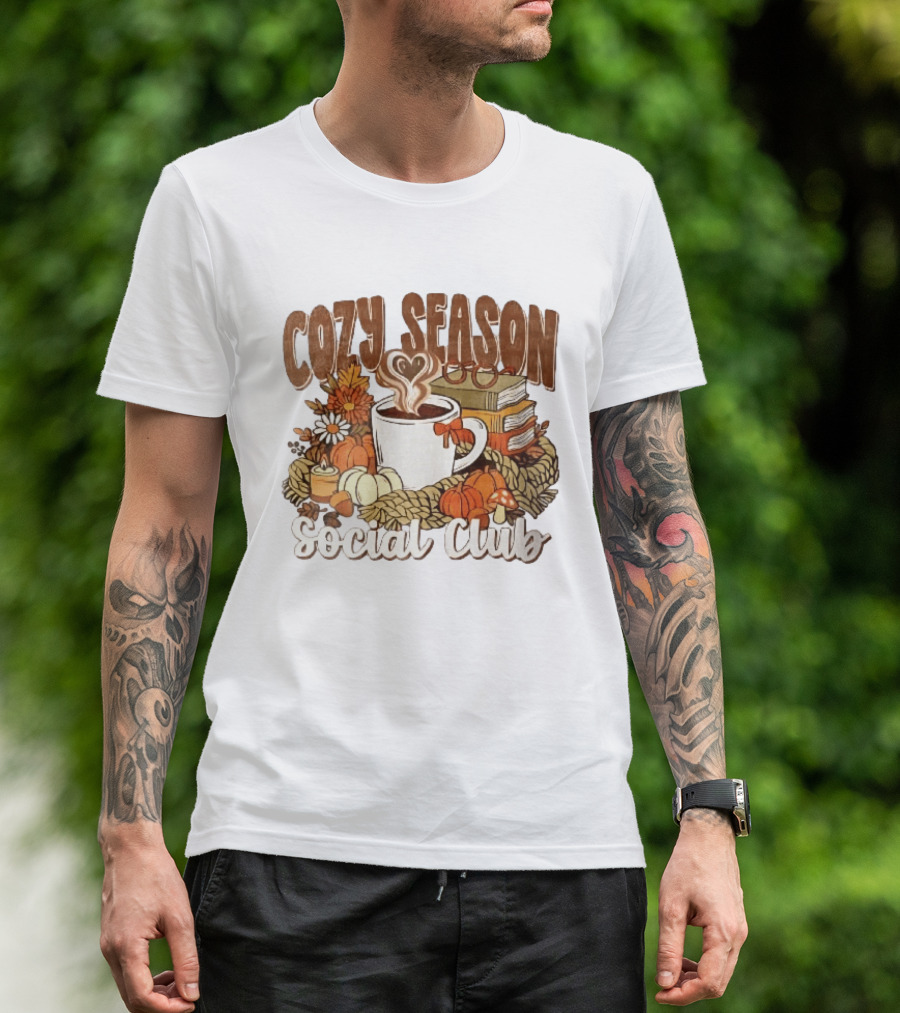 Cozy Season Social Club Coffee Books Pumpkins Knitted Blanket Autumn Vibes T-Shirt