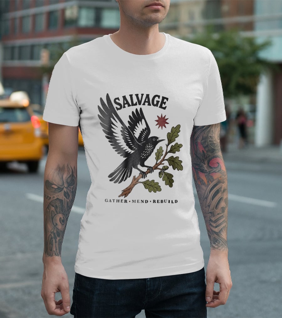 Salvage Gather Mend Rebuild Bird On Oak Branch With Acorns T-Shirt