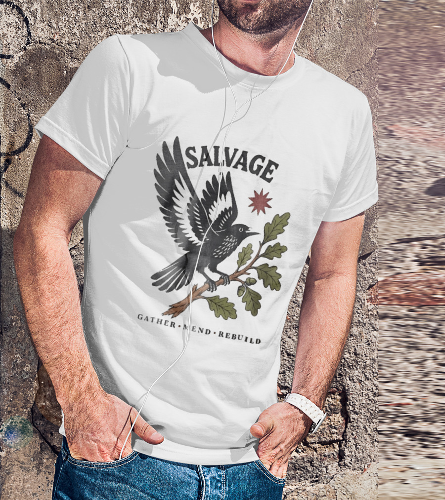 Salvage Gather Mend Rebuild Bird On Oak Branch With Acorns T-Shirt