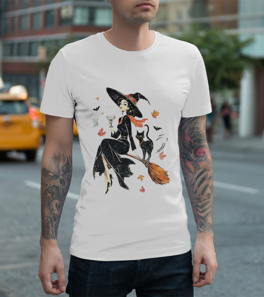 Witch Cat Ringer Spooky Fall Pumpkin Halloween Vintage Witch And Black Cat On Broomstick With Coffee Cup And Autumn Leaves T-Shirt