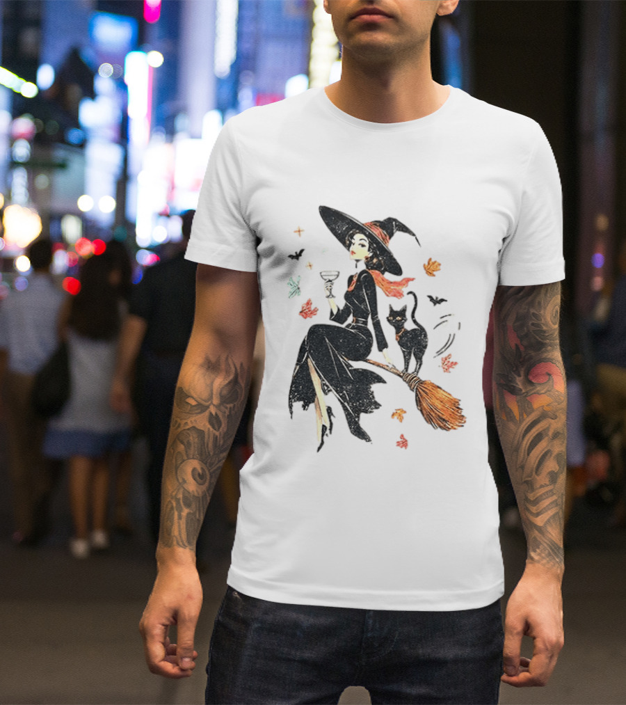 Witch Cat Ringer Spooky Fall Pumpkin Halloween Vintage Witch And Black Cat On Broomstick With Coffee Cup And Autumn Leaves T-Shirt