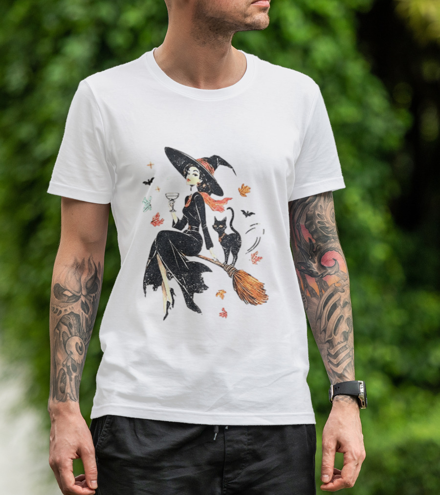 Witch Cat Ringer Spooky Fall Pumpkin Halloween Vintage Witch And Black Cat On Broomstick With Coffee Cup And Autumn Leaves T-Shirt