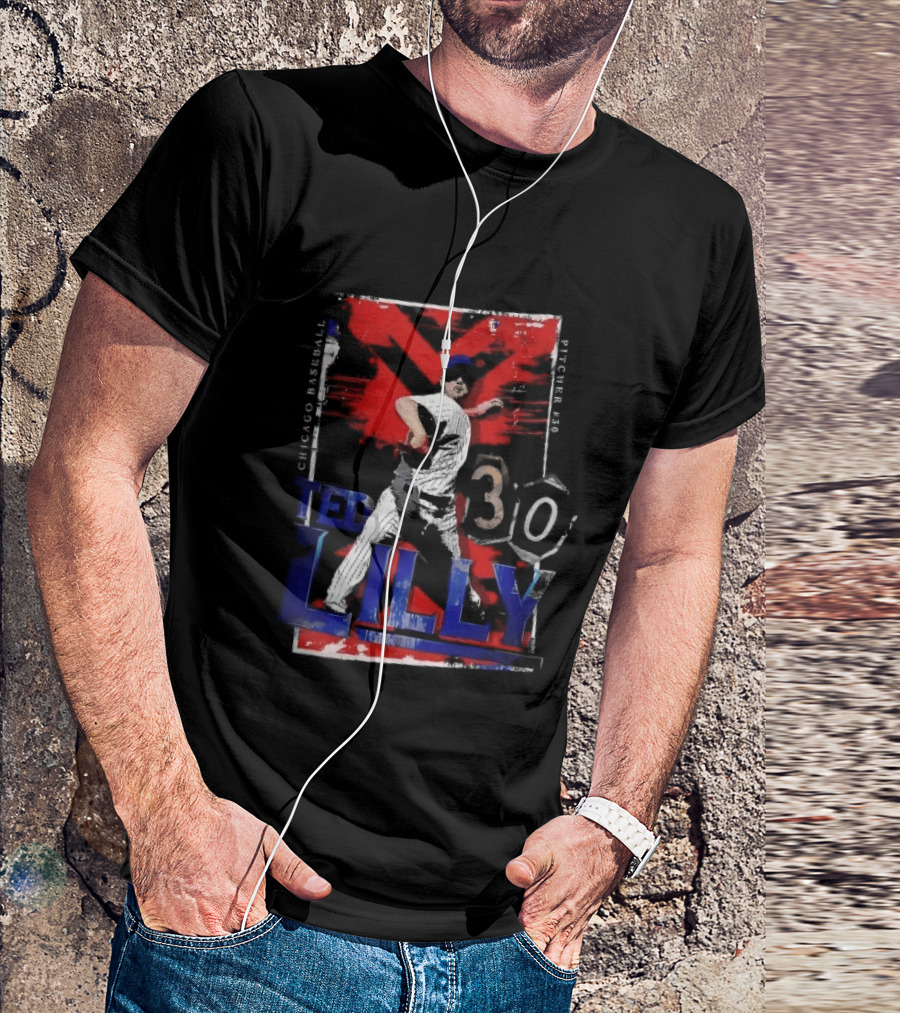 Chicago Baseball MLB Pitcher Ted Lilly 30 Distressed Red Black Collage Throwing Photo T-Shirt