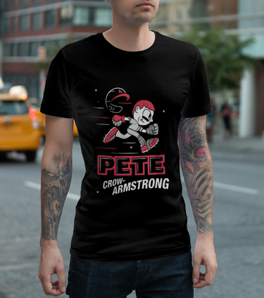 Chicago Cubs MLB Pete Crow Armstrong Cartoon Caricature Running Baseball Player Flying Helmet Stars T-Shirt