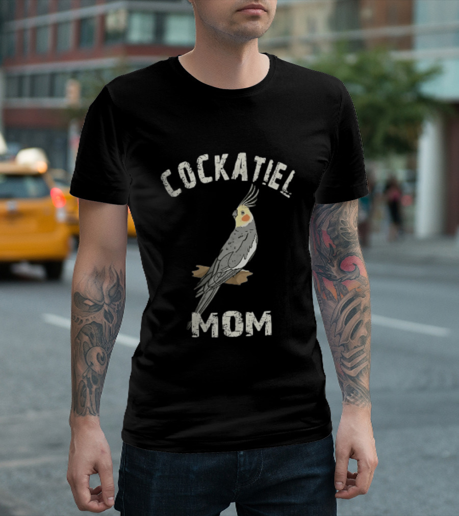 Cockatiel Mom Distressed Grey Bird Illustration Perched On Branch T-Shirt