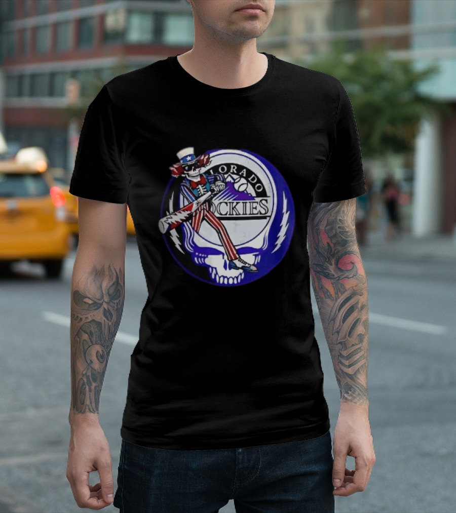 Colorado Rockies Grateful Dead Uncle Sam Skeleton Batting Lightning Stealie Skull T-Shirt