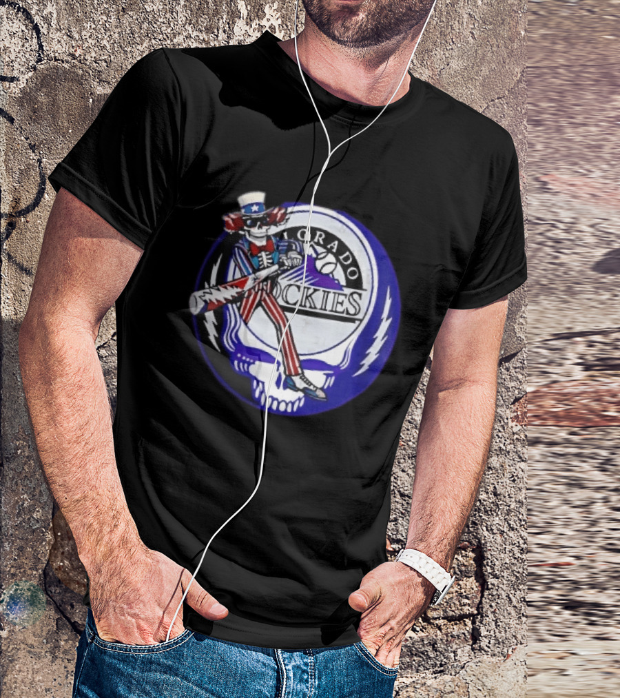 Colorado Rockies Grateful Dead Uncle Sam Skeleton Batting Lightning Stealie Skull T-Shirt