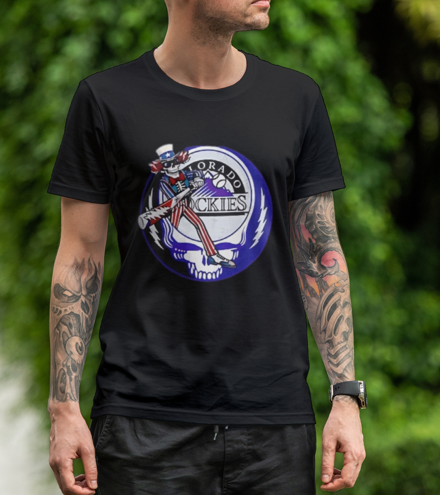 Colorado Rockies Grateful Dead Uncle Sam Skeleton Batting Lightning Stealie Skull T-Shirt