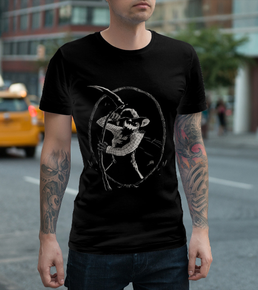 Jack O Lantern Scarecrow Holding Scythe Oval Twig Frame T-Shirt