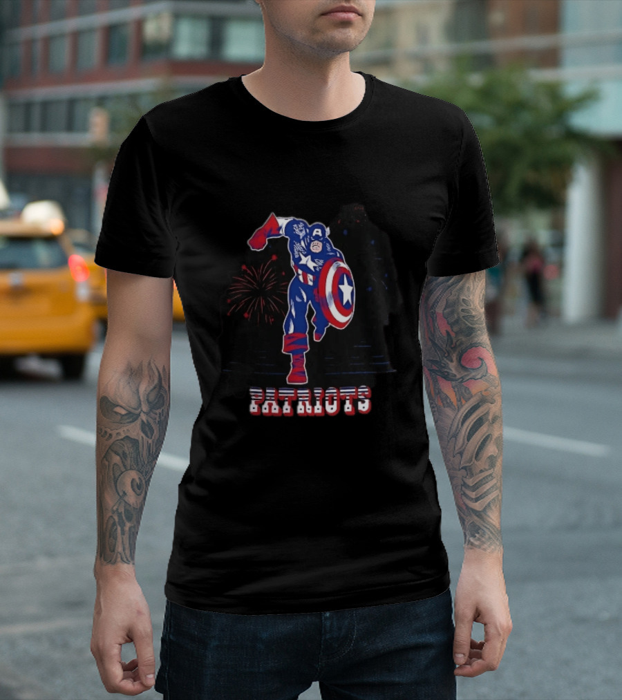 Patriots Captain America Shield Fireworks Cartoon T-Shirt