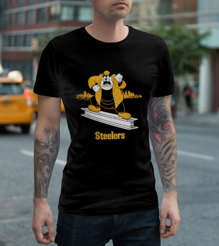 Pittsburgh Steelers Cartoon Pete On Steel Beam Cityscape T-Shirt