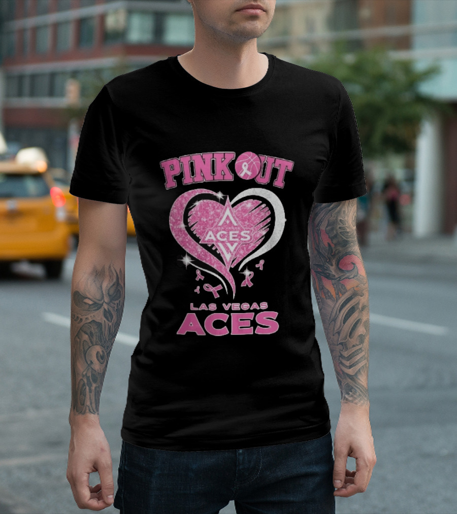 Las Vegas Aces Pink Out Glitter Heart Breast Cancer Awareness Ribbons WNBA T-Shirt