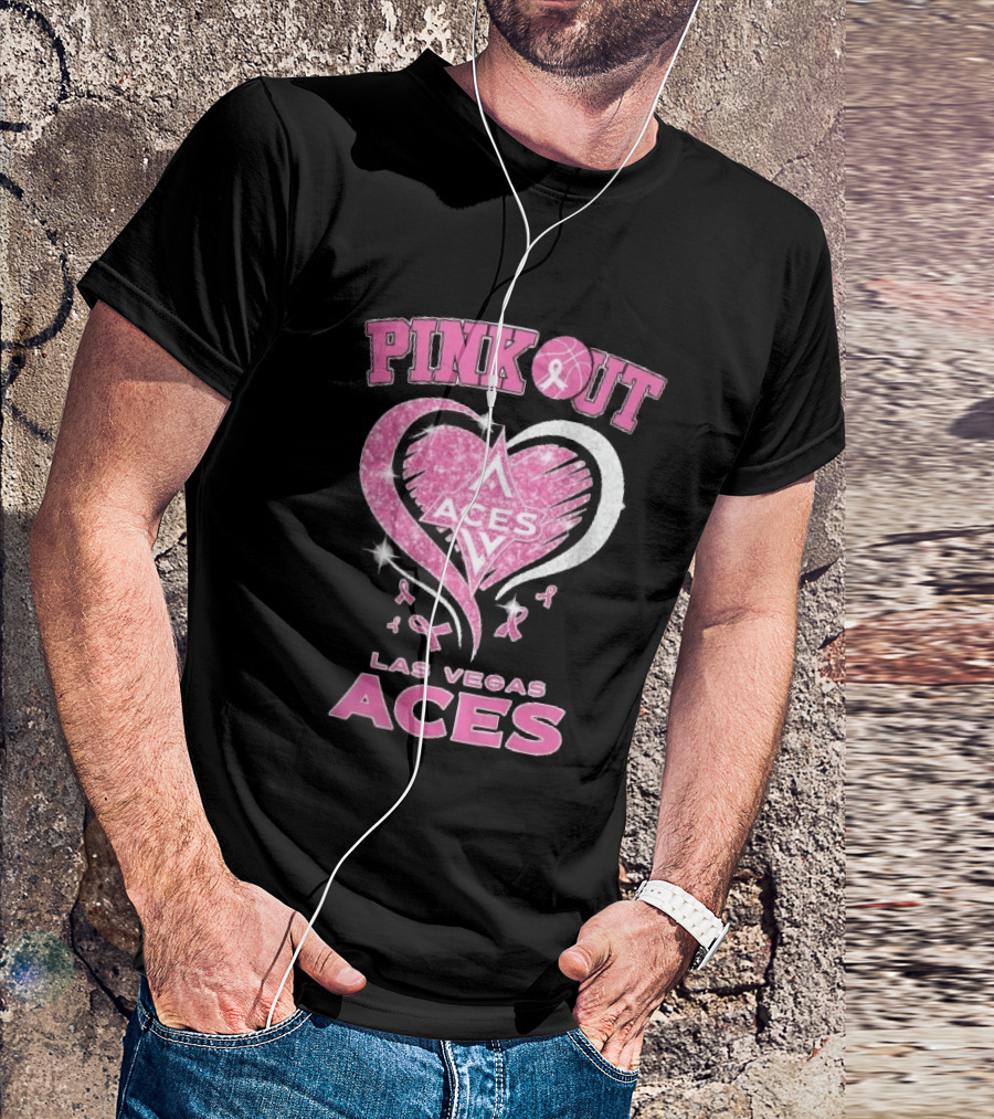 Las Vegas Aces Pink Out Glitter Heart Breast Cancer Awareness Ribbons WNBA T-Shirt