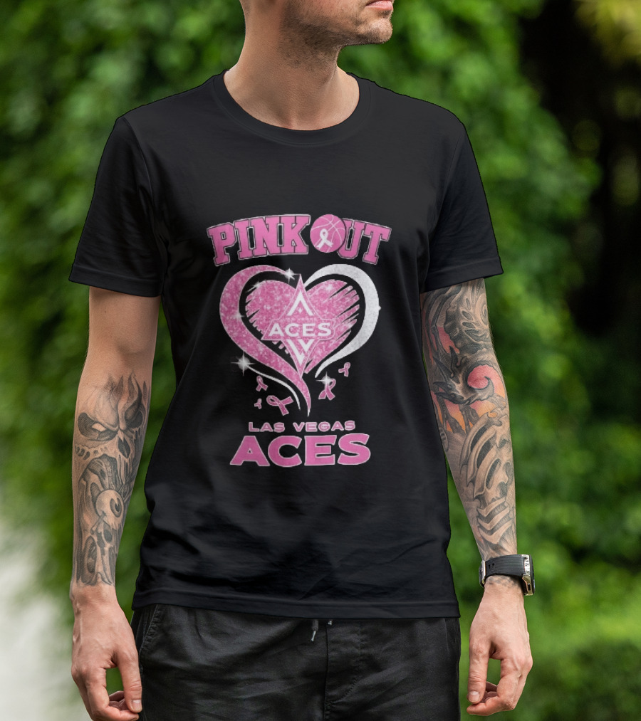 Las Vegas Aces Pink Out Glitter Heart Breast Cancer Awareness Ribbons WNBA T-Shirt