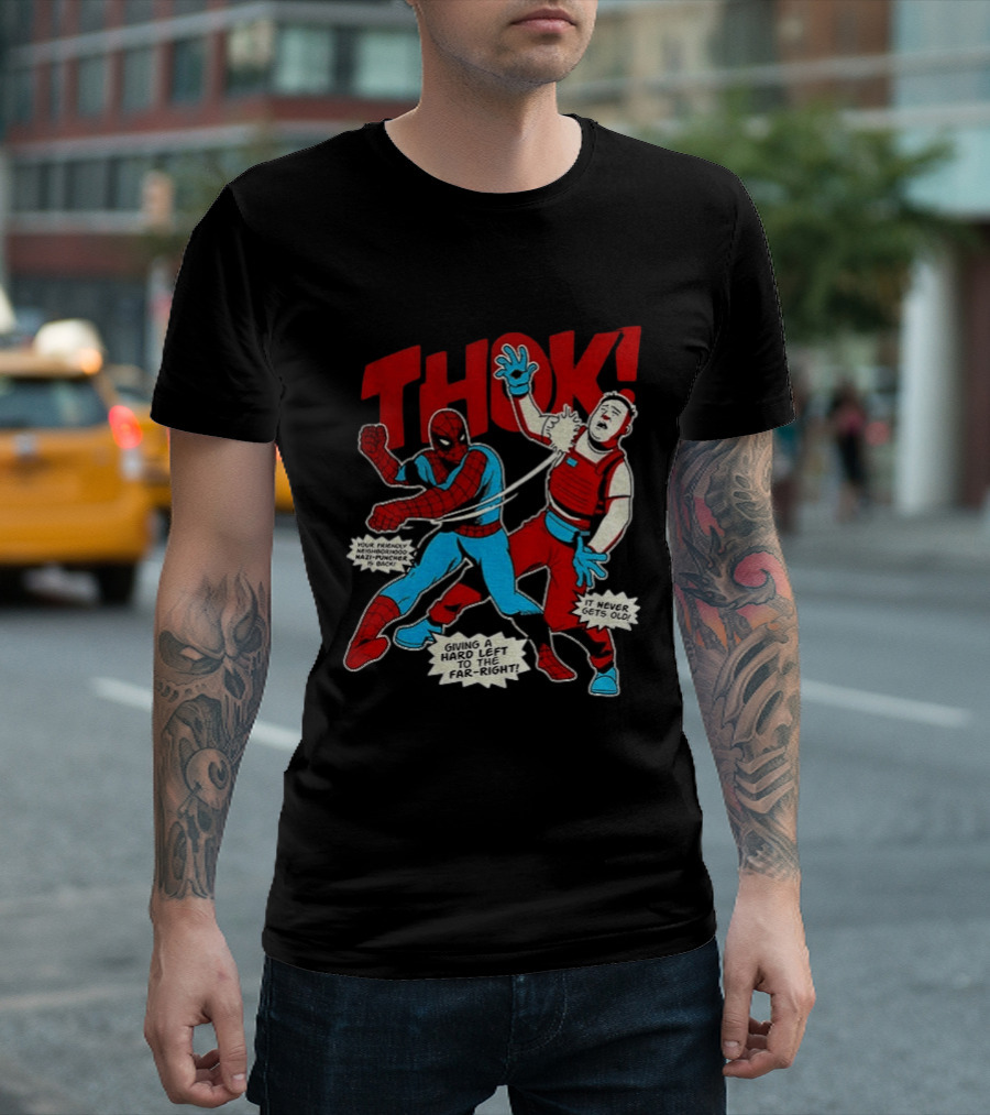 Spider Man Thok Giving A Hard Left To The Far Right Nazi Puncher Comic T-Shirt