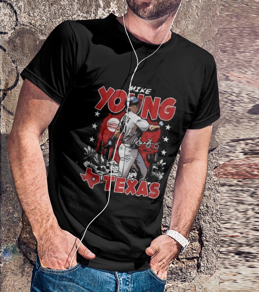 Texas Rangers MLB Mike Young Batting Cactus Red Sunset Stars T-Shirt