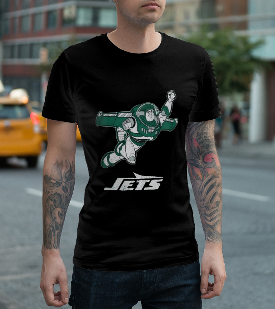 Buzz Lightyear Flying New York Jets Distressed Cartoon T-Shirt
