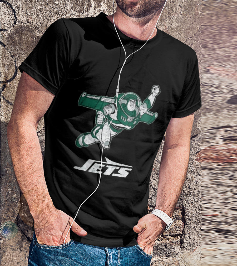 Buzz Lightyear Flying New York Jets Distressed Cartoon T-Shirt