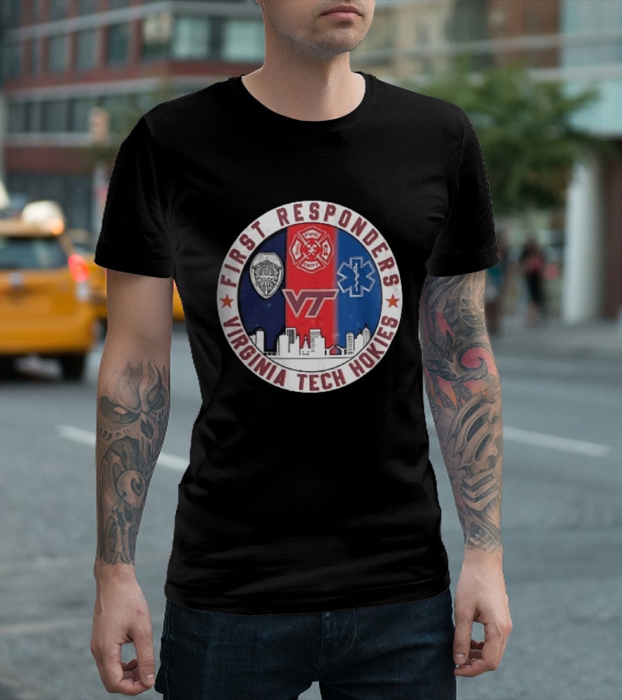 Virginia Tech Hokies First Responders Police Fire Dept EMS Star Skyline T-Shirt