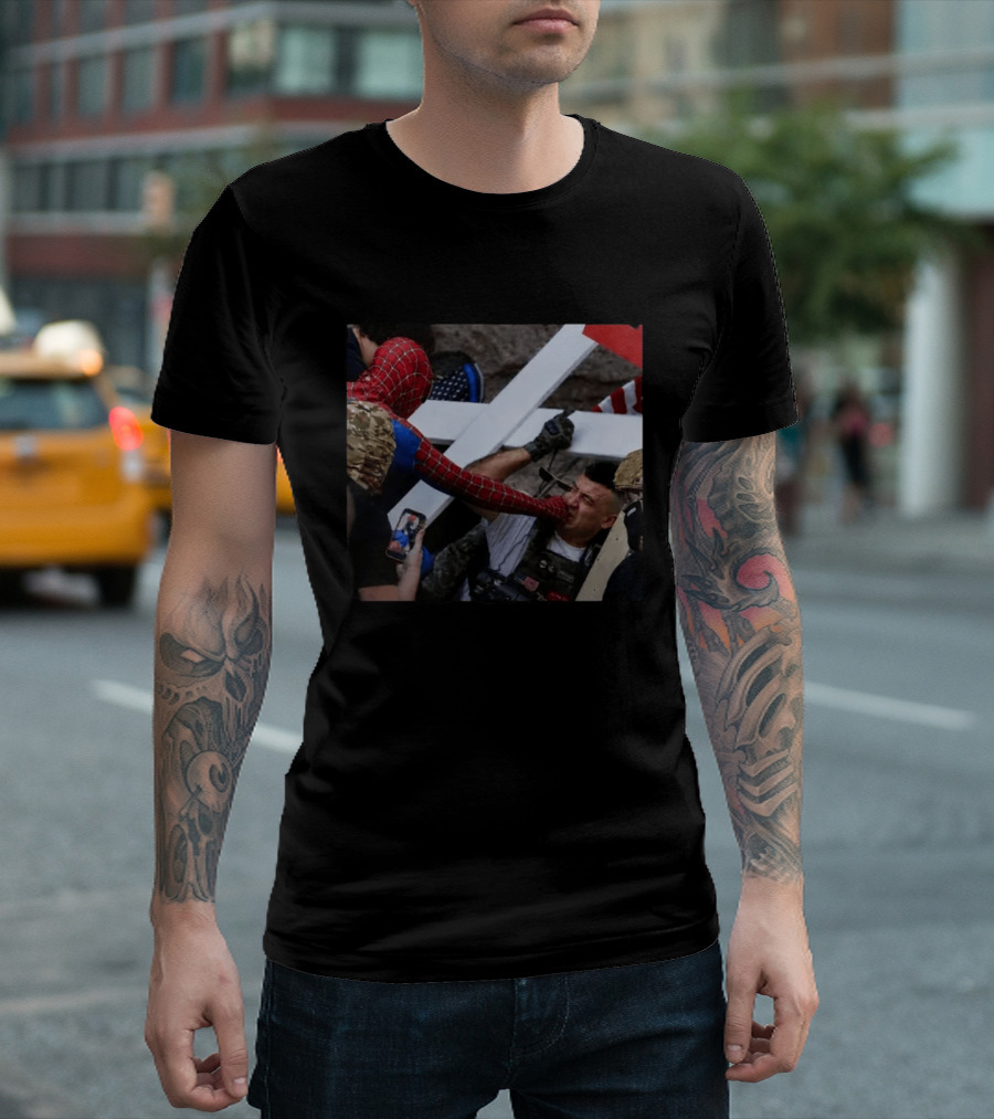 Spiderman Punching Man Holding Cross And Flag Image T-Shirt