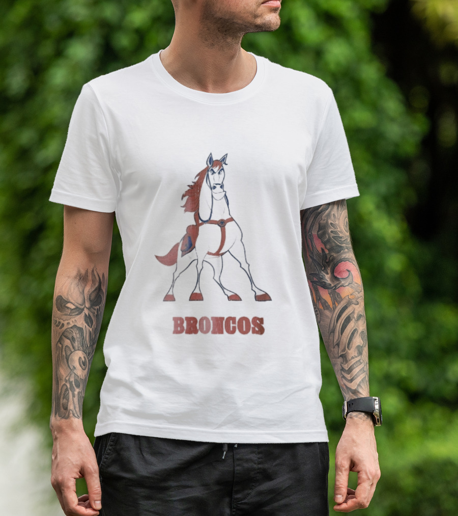 Denver Broncos Cartoon White Horse Orange Mane Harness Broncos T-Shirt