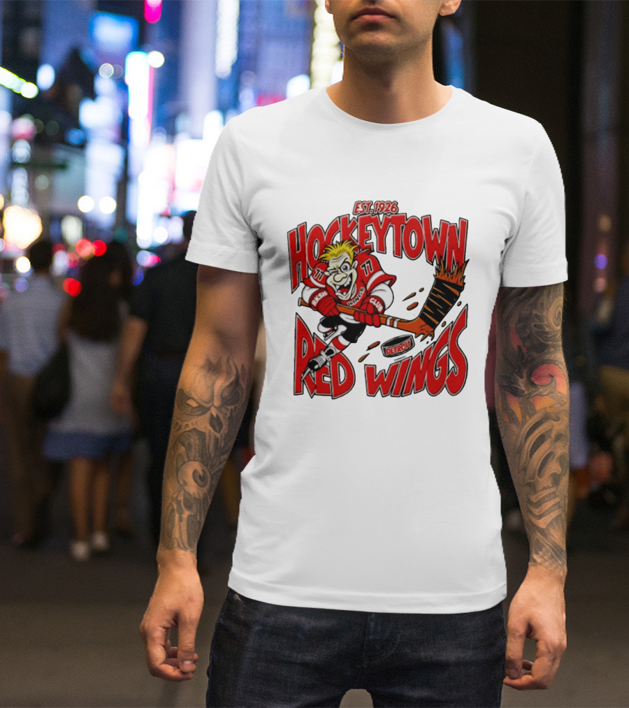 Detroit Red Wings Hockeytown Est. 1926 Vintage Cartoon Player With Flaming Hockey Stick T-Shirt