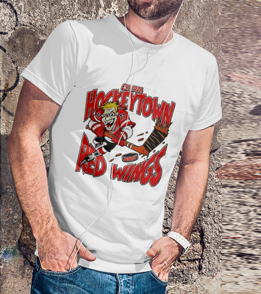 Detroit Red Wings Hockeytown Est. 1926 Vintage Cartoon Player With Flaming Hockey Stick T-Shirt