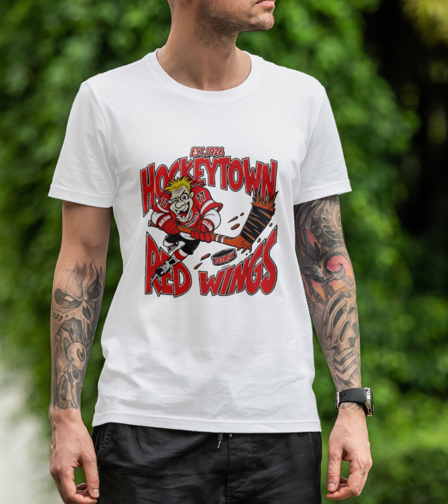 Detroit Red Wings Hockeytown Est. 1926 Vintage Cartoon Player With Flaming Hockey Stick T-Shirt