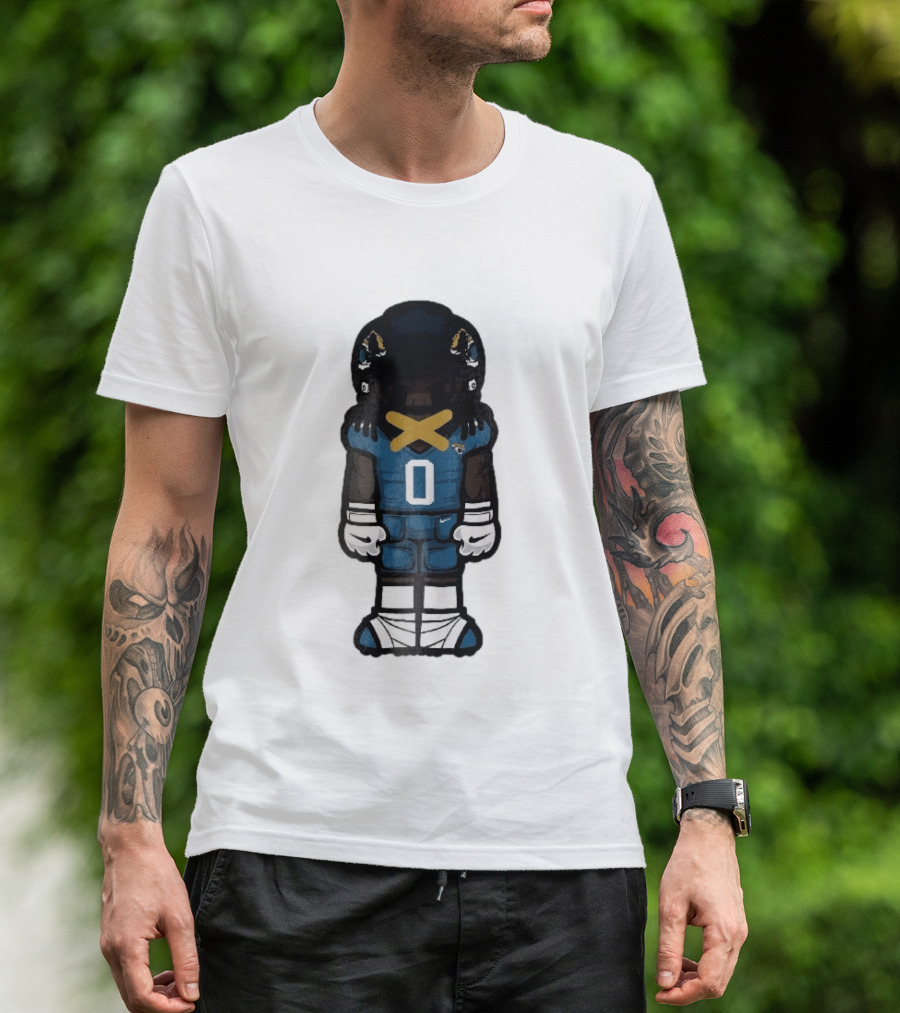 Jacksonville Jaguars Cartoon Caricature Player Jersey 0 Gold Tape Football Team Merchandise T-Shirt