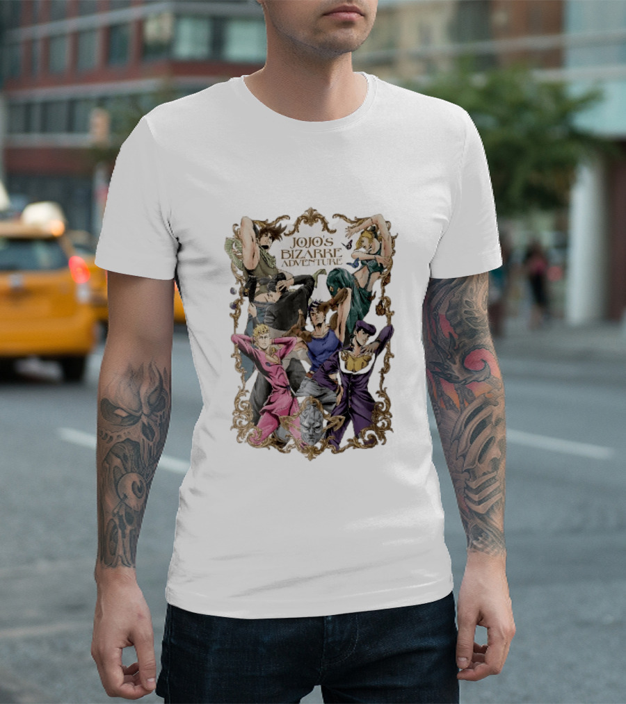 JoJo's Bizarre Adventure Characters Posing In Ornate Gold Frame With Stone Mask T-Shirt