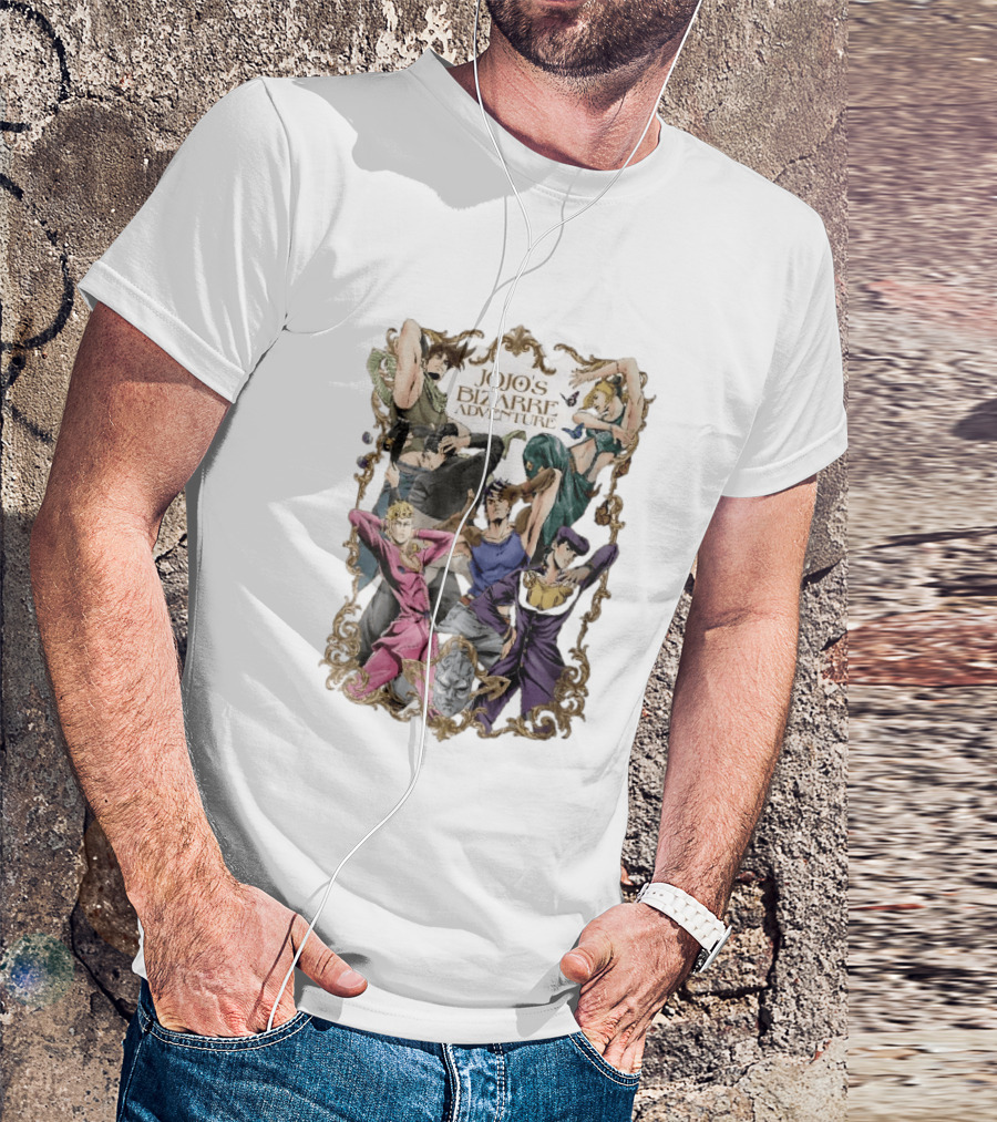 JoJo's Bizarre Adventure Characters Posing In Ornate Gold Frame With Stone Mask T-Shirt