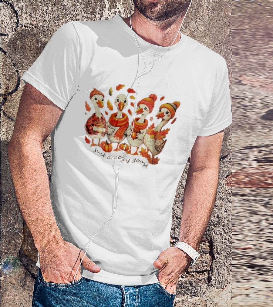 Cozy Goose Autumn Theme Four Cartoon Birds Leaves Pumpkins T-Shirt