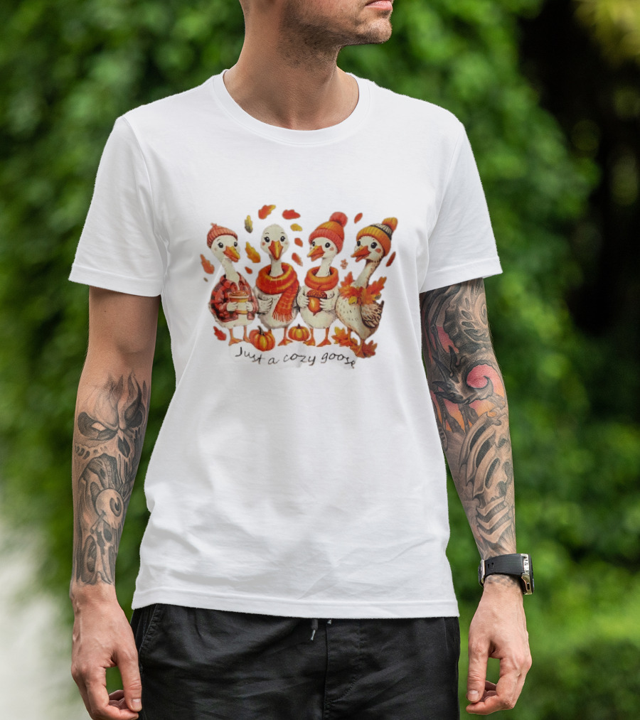 Cozy Goose Autumn Theme Four Cartoon Birds Leaves Pumpkins T-Shirt