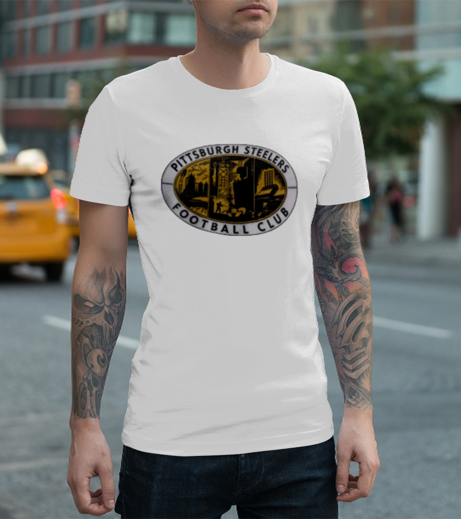 Pittsburgh Steelers Football Club Distressed Oval Emblem Cityscape T-Shirt