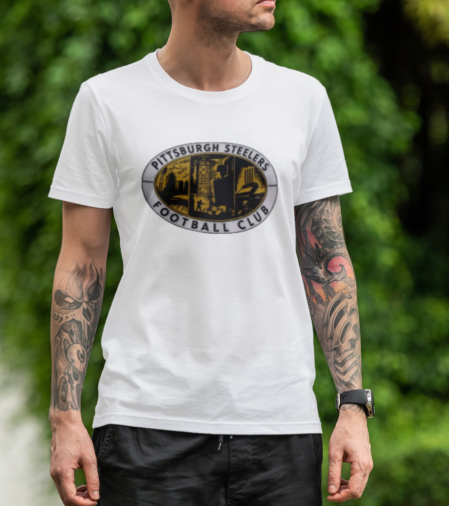 Pittsburgh Steelers Football Club Distressed Oval Emblem Cityscape T-Shirt