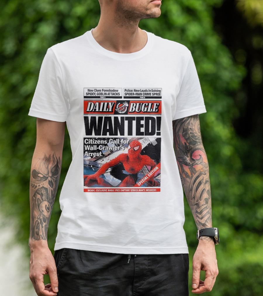 Daily Bugle Wanted Citizens Call Wall Crawler's Arrest Special Edition Spiderman Goblin Police Crime Spree T-Shirt