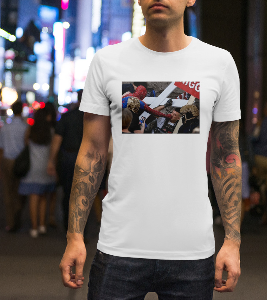 Spiderman Punch A Nazi Protest Scene With Cross And American Flag T-Shirt