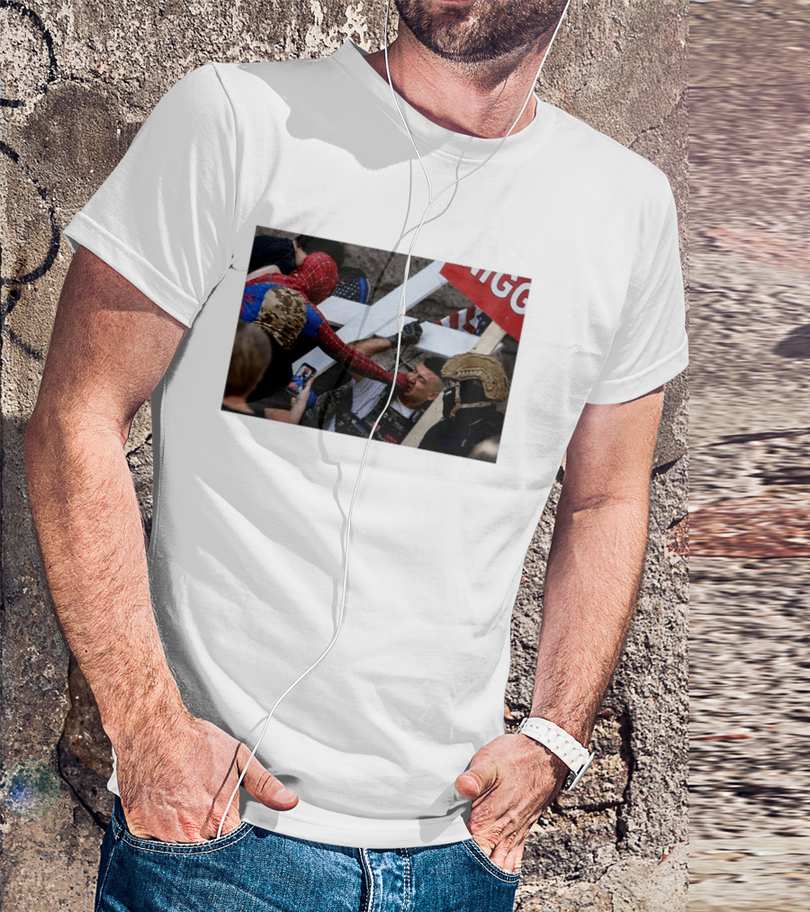 Spiderman Punch A Nazi Protest Scene With Cross And American Flag T-Shirt